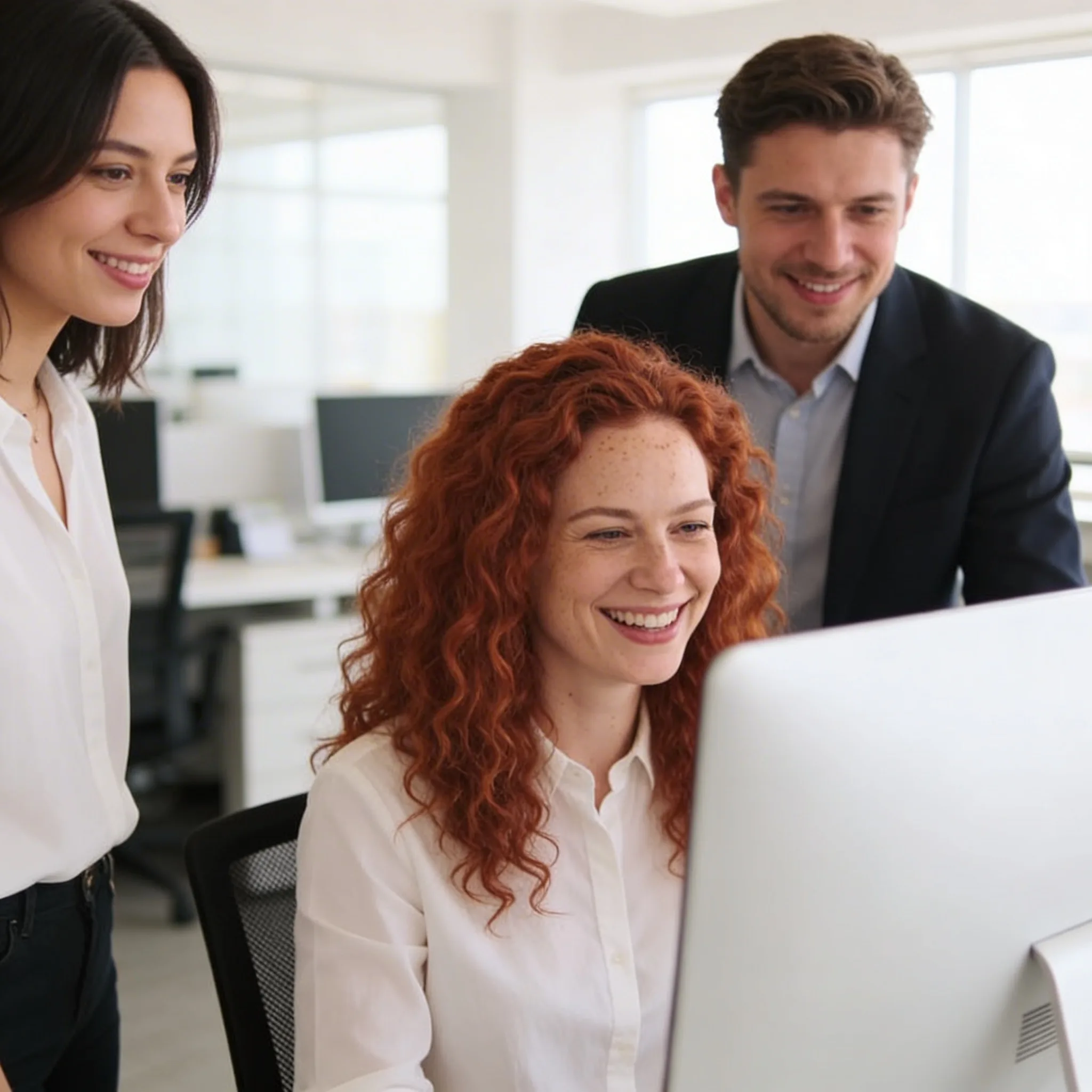 Drei Mitarbeitende in einem modernen Büro besprechen gemeinsam die KI-Einführung am Bildschirm
