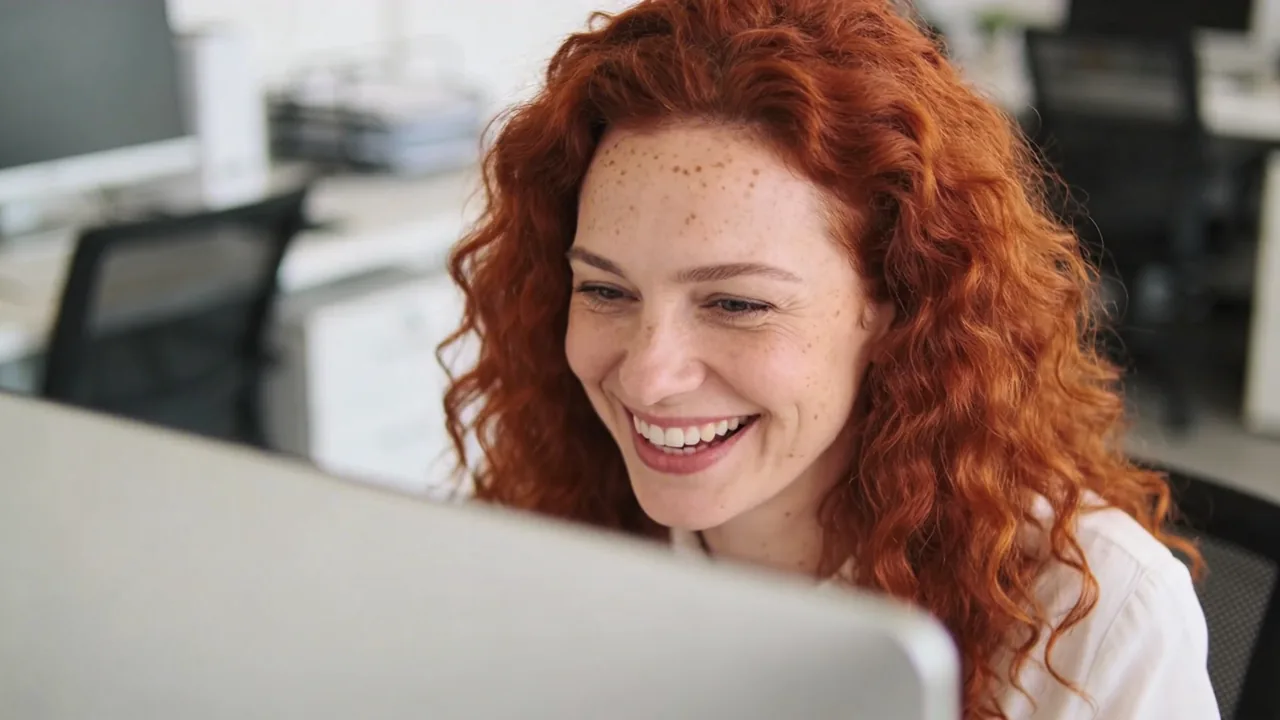 Mitarbeiterin arbeitet begeistert am Bildschirm mit KI von gewusst:KI