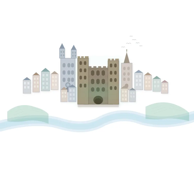 Illustration Trier mit Porta Nigra, Altstadt, Mosel und Weinbergen