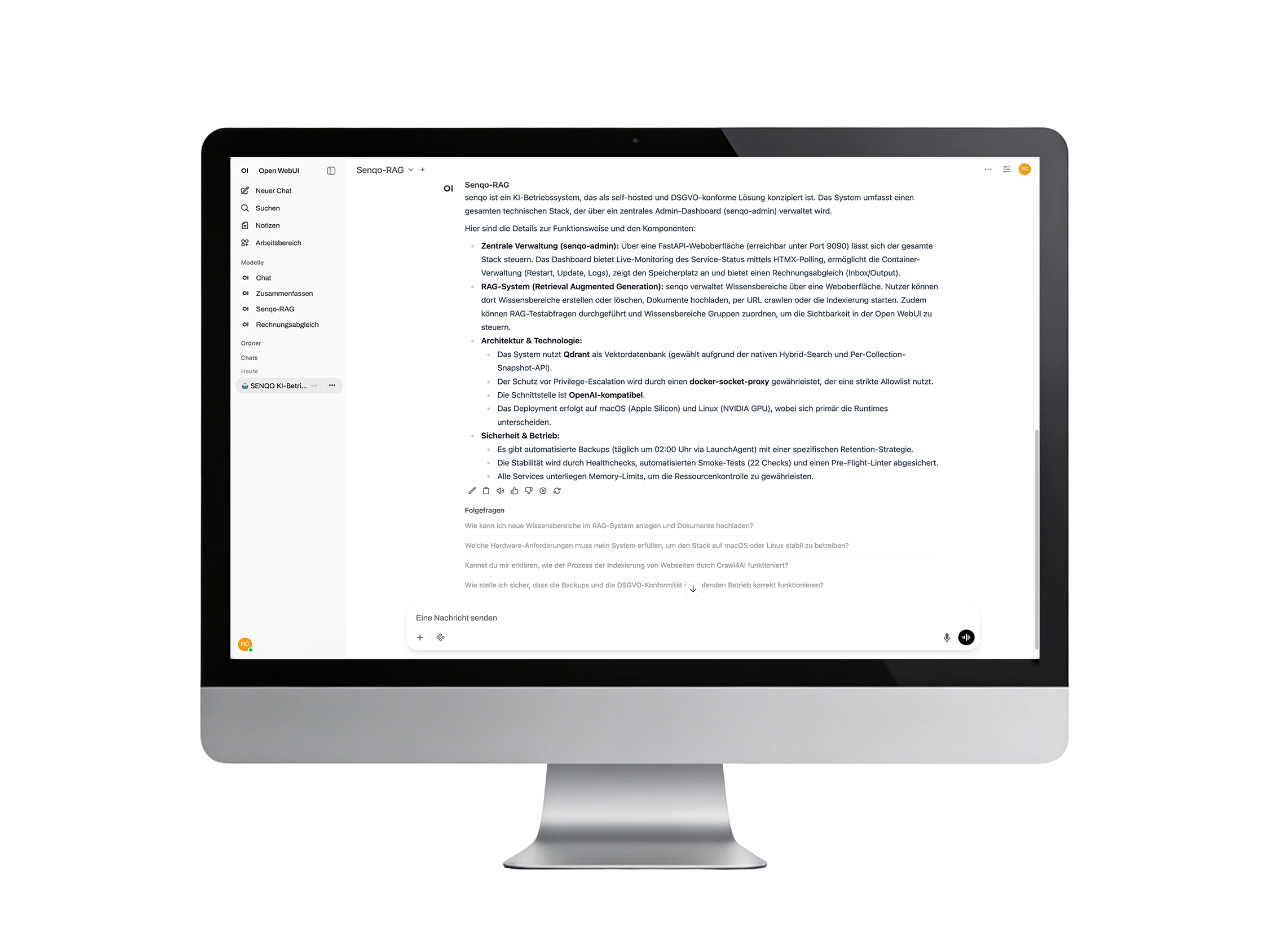 senqo KI-Plattform, Chat-Oberfläche mit Dokumenten-Recherche und Antworten aus dem Firmenwissen